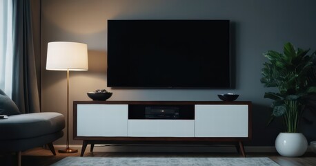 modern living room with screen of tv and modern forniture and light from the windows, stylish internal design for interiors, contemporary touch, flat display for cinema entertaninment