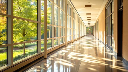 Obraz premium Sunlit hallway with large windows showcasing autumn foliage