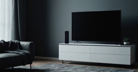 modern living room with screen of tv and modern forniture and light from the windows, stylish internal design for interiors, contemporary touch, flat display for cinema entertaninment