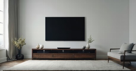 modern living room with screen of tv and modern forniture and light from the windows, stylish internal design for interiors, contemporary touch, flat display for cinema entertaninment