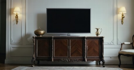 modern living room with screen of tv and modern forniture and light from the windows, stylish internal design for interiors, contemporary touch, flat display for cinema entertaninment