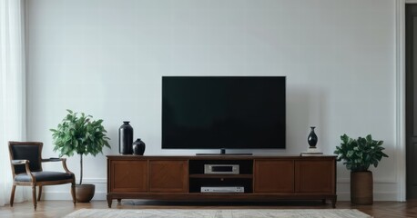 modern living room with screen of tv and modern forniture and light from the windows, stylish internal design for interiors, contemporary touch, flat display for cinema entertaninment