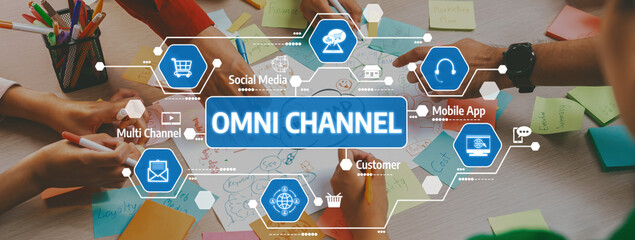 A vibrant workspace showcasing a group engaged in collaborative planning for omni channel strategies with colorful sticky notes and visual diagrams, fostering innovative customer solutions. Amity