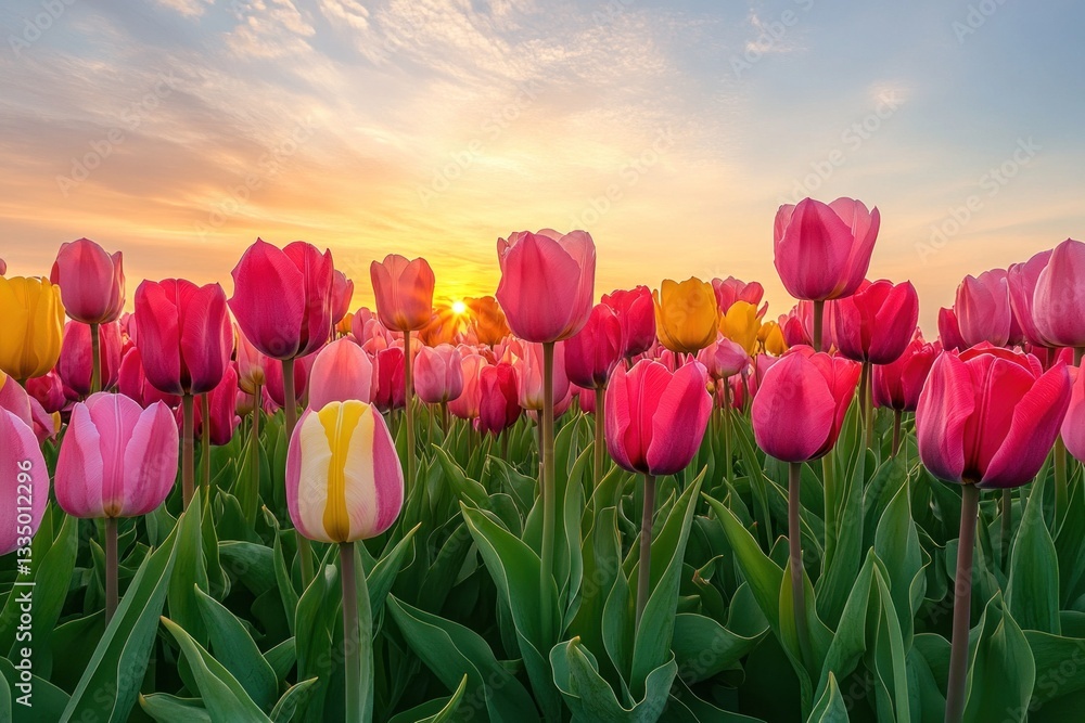 Poster a vibrant field of blooming tulips showcases an array of colors under a soft sunrise, creating a pea