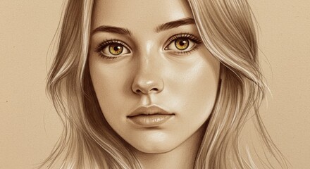 Fototapeta premium Serene Woman Portrait - A close-up portrait of a young woman with blonde hair and captivating eyes. The sepia tone adds a timeless quality