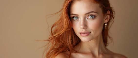 Beautiful red-haired woman posing confidently with soft natural makeup; stylish and captivating composition showcasing elegance in simplicity and timeless beauty with warm neutral tones.