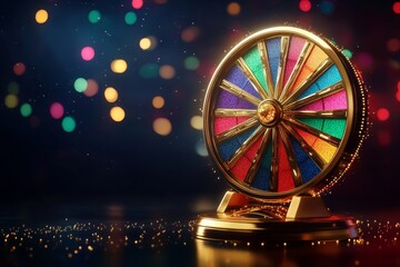 Colorful spinning prize wheel on a golden stand.  Sparkling bokeh lights highlight the vibrant segments