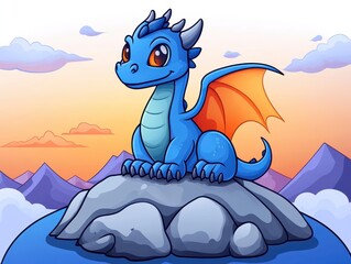 A cute blue dragon perched on a rock against a colorful sunset backdrop