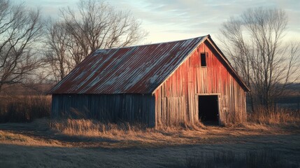Obraz premium Rustic Red Barn Surrounded by Autumn Landscape and Soft Light