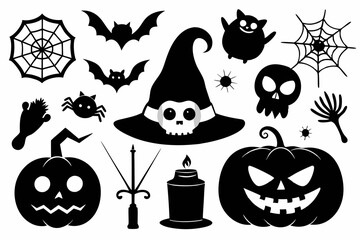 set of objects silhouettes for halloween elements line art silhouette vector illustration
