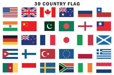 Set of 30 Country Flags Including USA, UK, China, India, France, Germany, and Many More, Perfect for Global Vector Design Projects