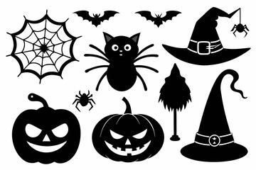set of objects silhouettes for halloween elements line art silhouette vector illustration