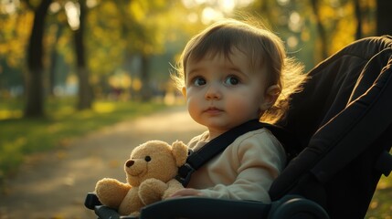 Adorable Baby Sitting in Stroller with Teddy Bear in Autumn Park