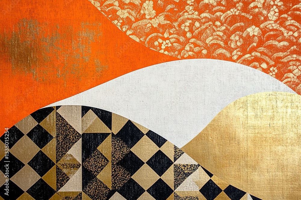 Poster abstract composition with orange gold white and patterned sections creating visual depth