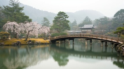 Serene Japanese Garden with Cherry Blossoms and Wooden Bridge