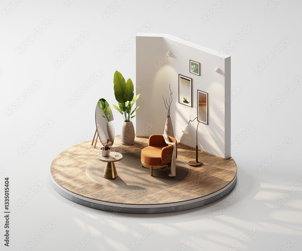 Poster isometric view round living room muji style open inside interior architecture 3d rendering