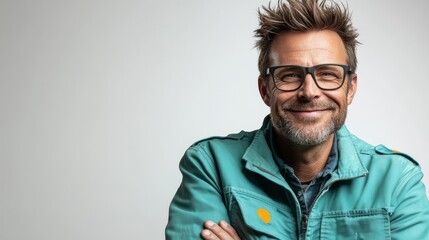 Fototapeta premium Happy man with beard and glasses in a blue jacket posing with arms crossed.