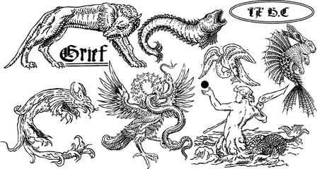 medieval engraving set handdrawn vector illustration