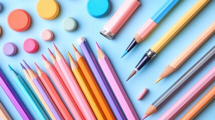 Naklejka premium Colorful pencils and erasers arranged on a light blue surface, overhead view