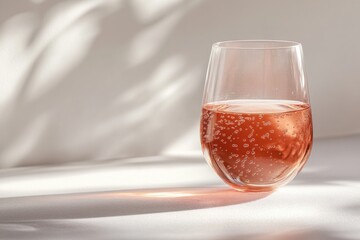 Elegant glass of sparkling pink beverage with bubbles on minimalist background in soft light