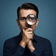 A man in a dark blue shirt holds a magnifying glass to his eye, looking thoughtful against a blue background.
