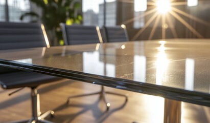 Sunlight streaming into modern office with glass conference table and chairs.