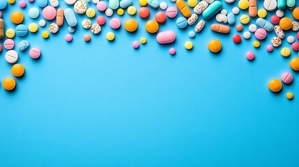 Colorful pills and tablets on blue background.