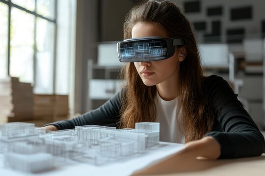 A young woman uses VR technology to design and review a 3D architectural model.
