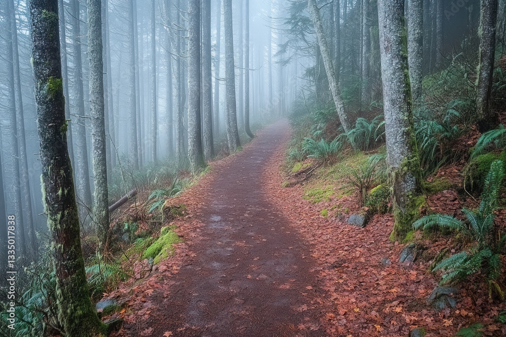 Poster a forest path meanders through tall trees enveloped in fog, with a carpet of colorful leaves enhanci