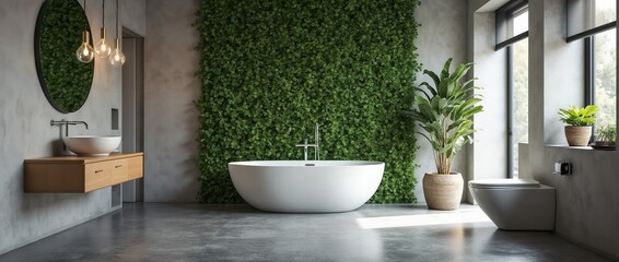 A contemporary bathroom with a freestanding bathtub, lush green vertical plant wall, and clean minimalist design. Features natural lighting, modern fixtures, and a soothing atmosphere for relaxation.