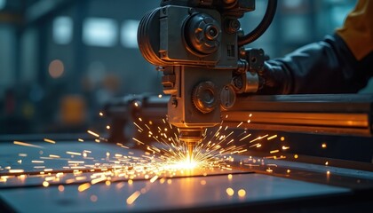 Laser cutter creates precise shapes on metal sheet in factory. Sparks fly. Industrial equipment ensures accurate cutting, manufacturing process. Automation, metalworking concept. Man in gloves
