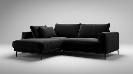 Modern black sectional sofa in minimalist design with l-shaped configuration.