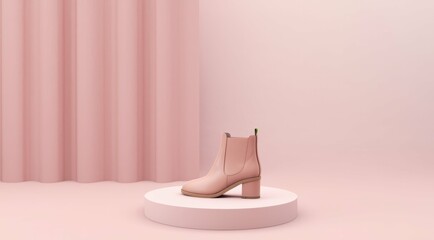 A stylish pink boot displayed on a minimalist pedestal.