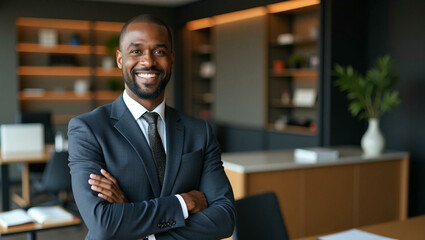 A confident Black male lawyer in a professional office, smiling as an advocate for justice and career growth. With arms crossed, he stands as a legal counsel and attorney clerk at a law firm.