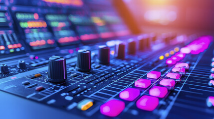 Close up of digital audio mixer with colorful LED lights and knobs, creating vibrant atmosphere in studio setting