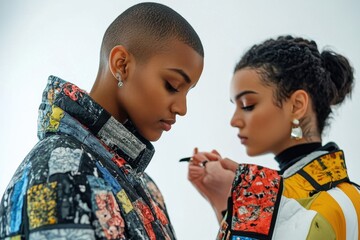 Stylists collaborating on a fashion model's vibrant outfit in a modern studio setting, focusing on details during a professional photoshoot