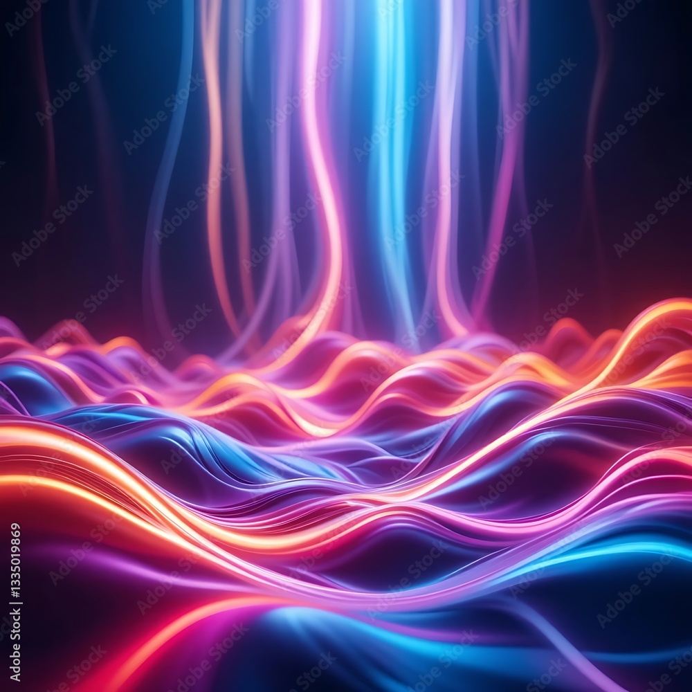 Poster abstract glowing lines on wavy surface background with colorful illumination