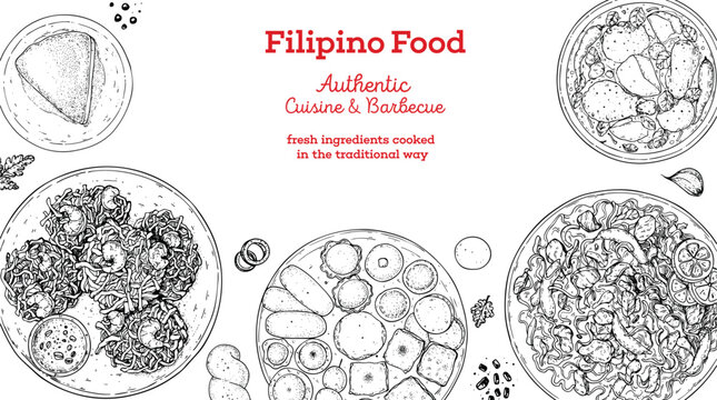 Filipino food top view vector illustration. Food menu design template. Hand drawn sketch. Filipino food menu. Vintage style.