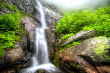 Fototapeta premium A majestic waterfall cascades down a lush, verdant cliffside, its misty spray adding to the ethereal atmosphere of this natural wonder. The surrounding foliage is a vibrant green, contrasting with the