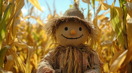 Smiling scarecrow in a sunlit cornfield.
