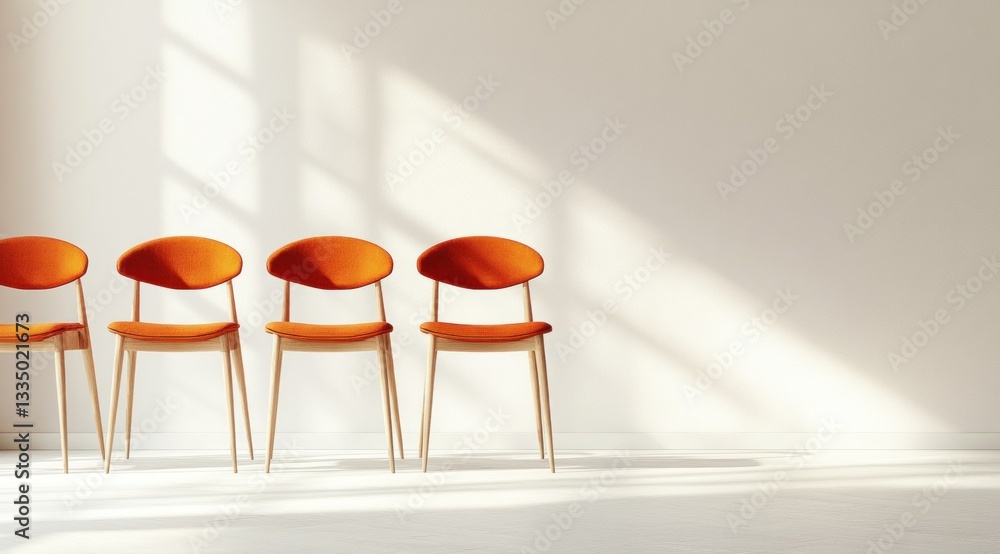 Poster a row of identical orange chairs is positioned against a simple wall, illuminated by soft natural li