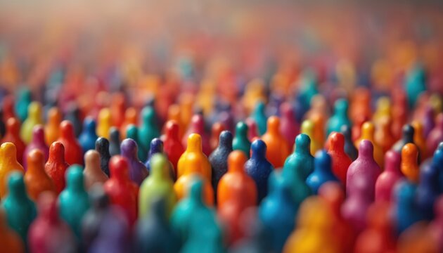 Colorful crowd of tiny toy people. Population dynamics concept. Study of human behavior. Image represent topics as teamwork, diversity, society, community engagement, population density problems.