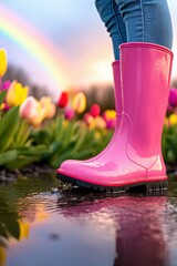 Pink boots in tulip field with rainbow reflections at sunset.