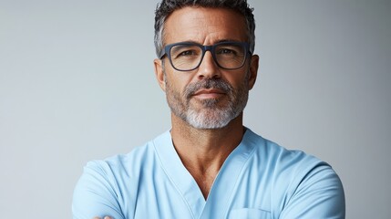 Obraz premium Handsome man wearing blue scrubs and glasses poses with a serious expression
