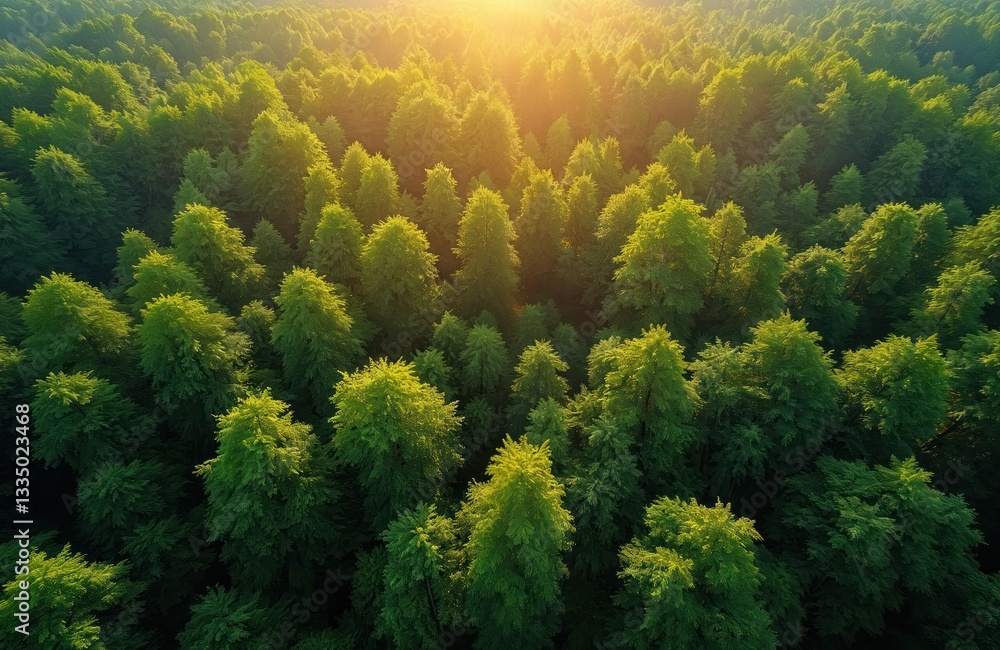 Poster aerial view of a dense summer forest canopy with warm sunlight. green trees create natural pattern. 