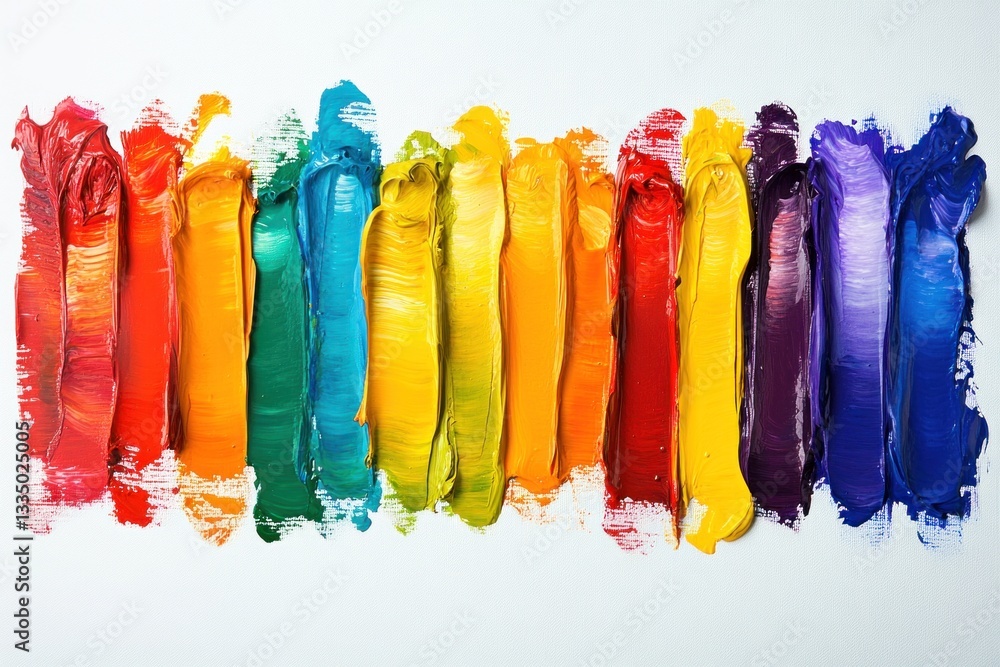 Poster a vertical array of bright paint strokes showcases a bold spectrum of colors on a white surface with