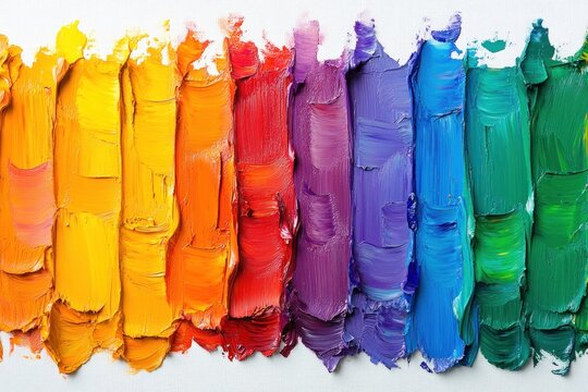 Thick strokes of oil paint in a rainbow of colors spread across a white canvas evoke joy and creativity, showcasing artistic expression