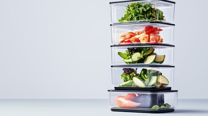 Stacked storage containers with fresh ingredients arranged in an artistic and functional way, promoting food organization and meal planning
