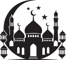 Black silhouette of a Islamic mosque and crescent with lanterns. Eid Mubarak logo. vector illustration 