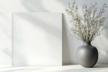 A white acrylic sheet rests on a table next to a vase filled with delicate dried flowers, illuminated by soft natural light